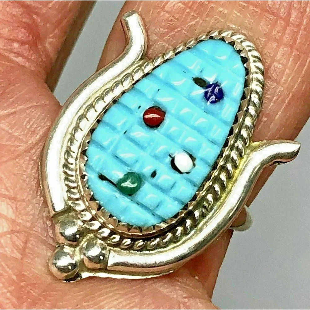 Native American Corn Ring Zuni Inlay Sz 8 Carved Turquoise Sterling Ear Signed